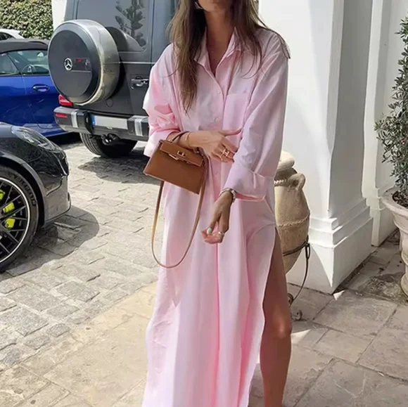 Women Shirt Dressess Split Laple Pockets SingleBreasted Full Sleeve Rolled Butt